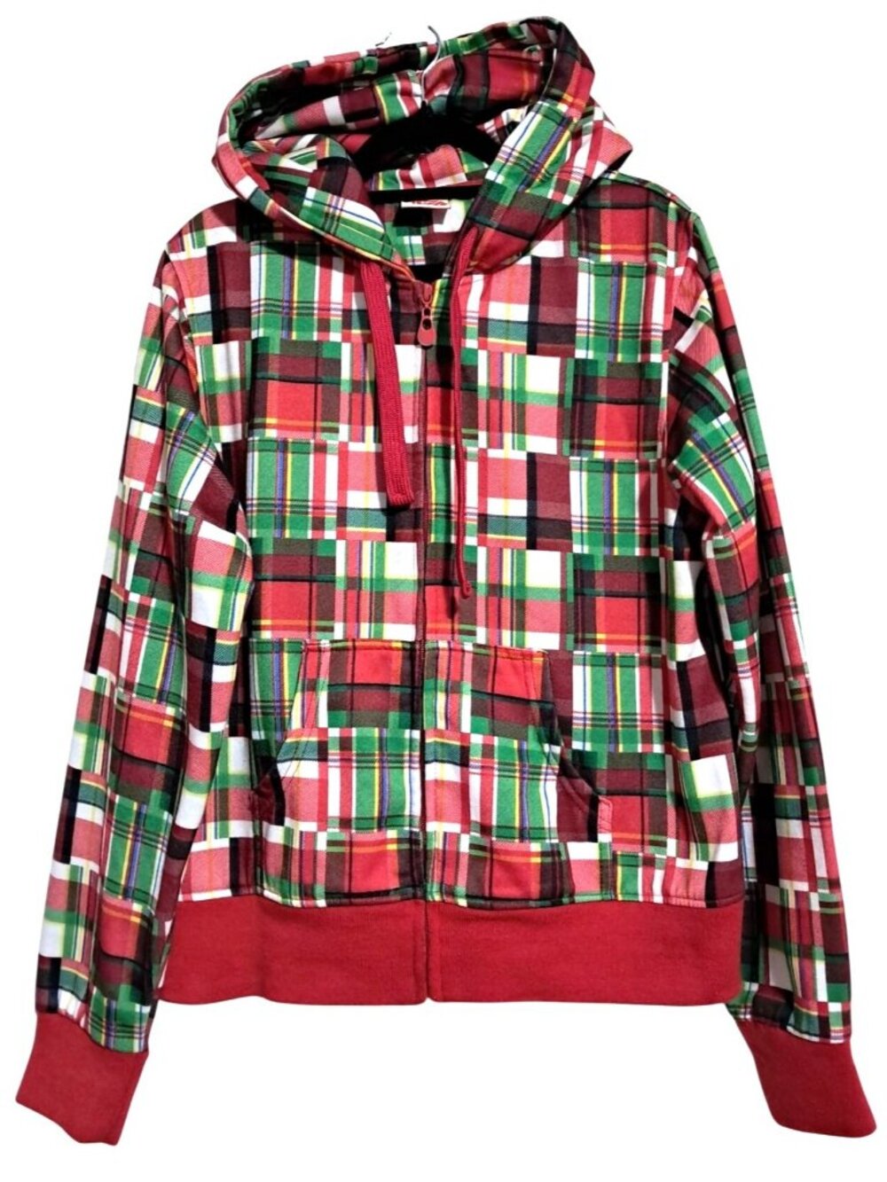Acid Red Red Plaid Hoodie Sweatshirt Unisex 2XL Cotton Full Zip Casual Y2K